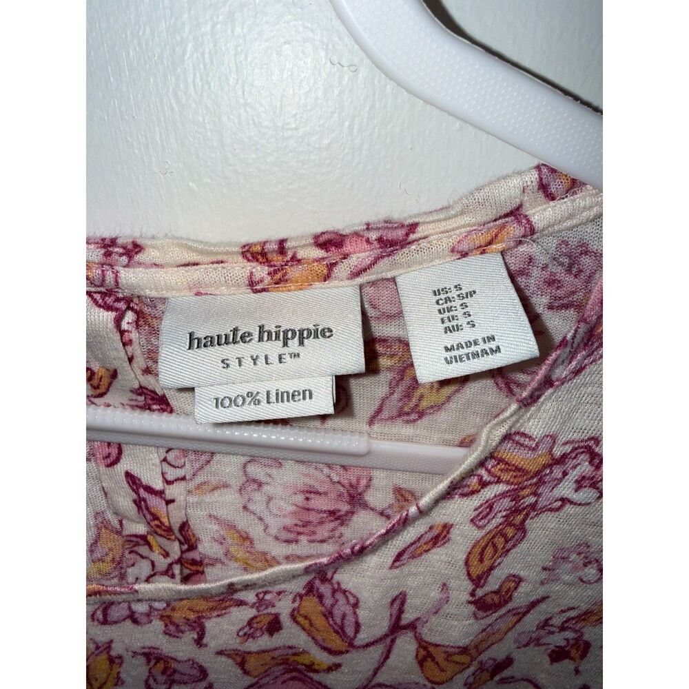 Haute Hippie Style 100% Linen Floral Tank Top Small Pink Orange Button Back - Picture 3 of 9